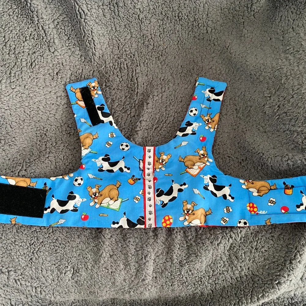 Like New- DOGS on a Blue background playing harness- handmade